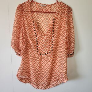 41 Hawthorn Orange White Geometric Sheer Blouse Studded V-Neck 3/4 Sleeve M